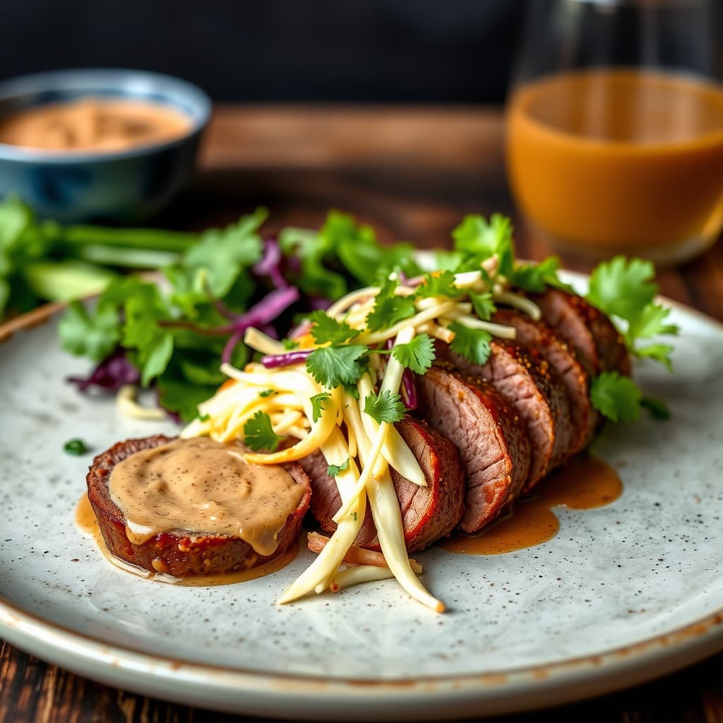Oksefilet med pastinakk-slaw og thailandsk peanøttsaus