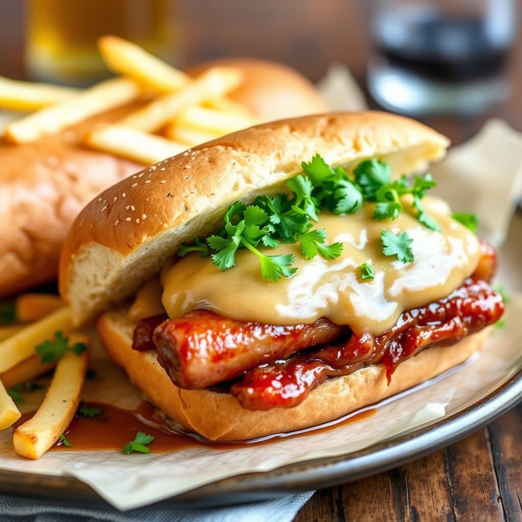 Ølbraisert bratwurst-sandwich