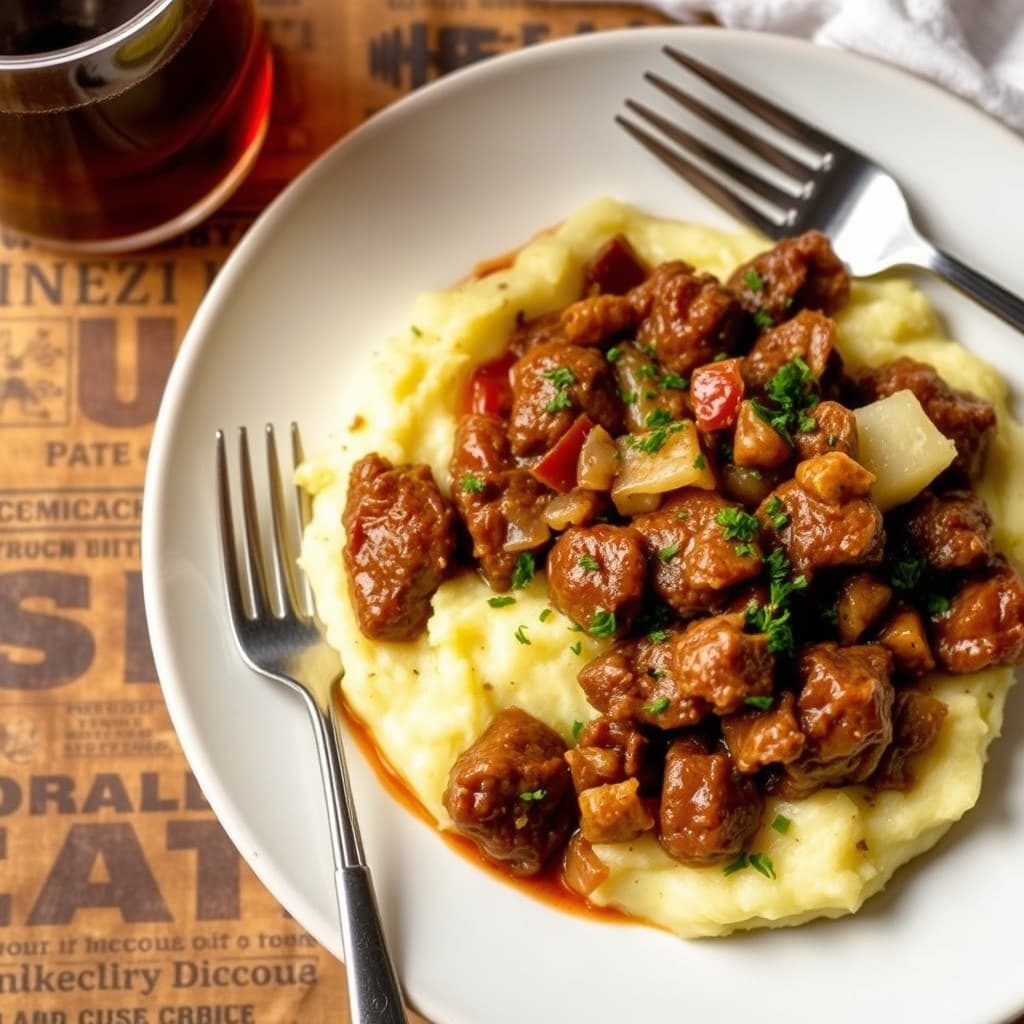 Ølbraisert corned beef og kål med potetmos og blomster