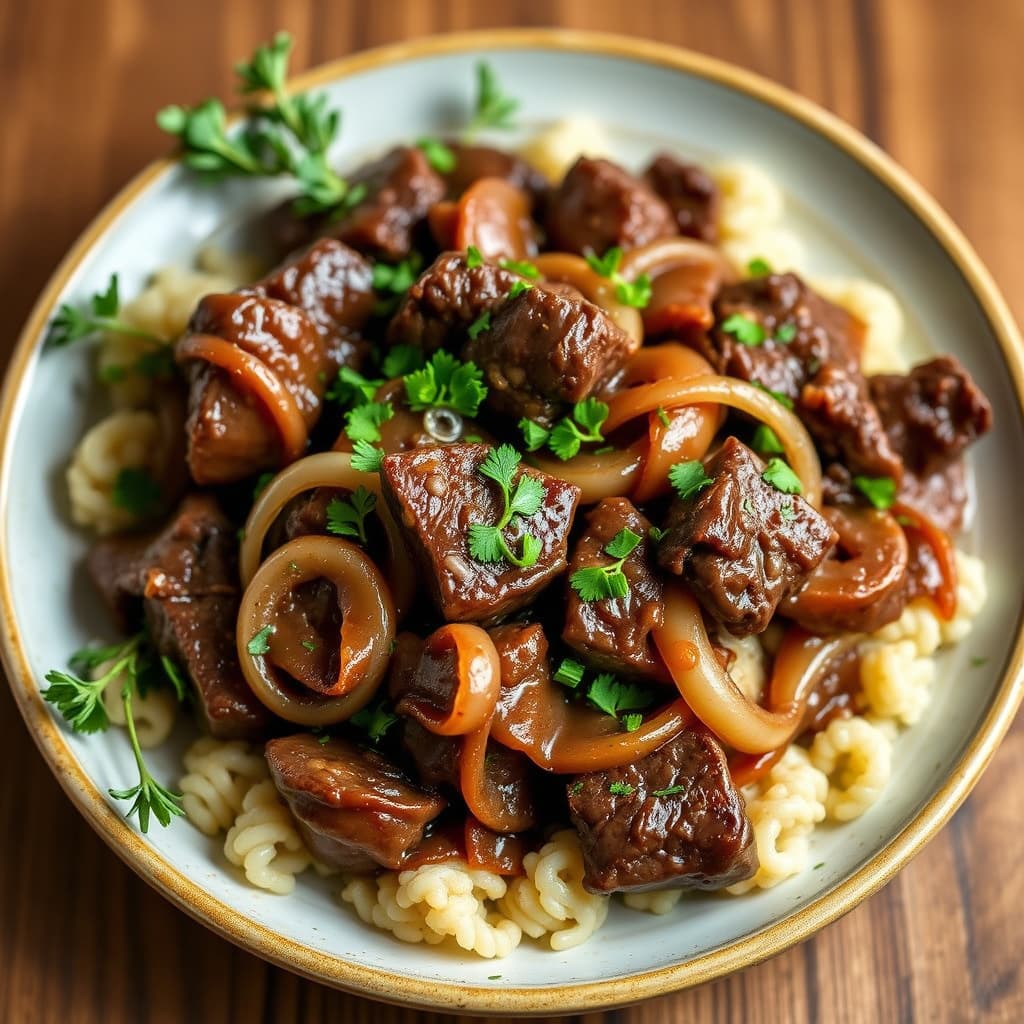 Ølbraisert storfekjøtt med løk