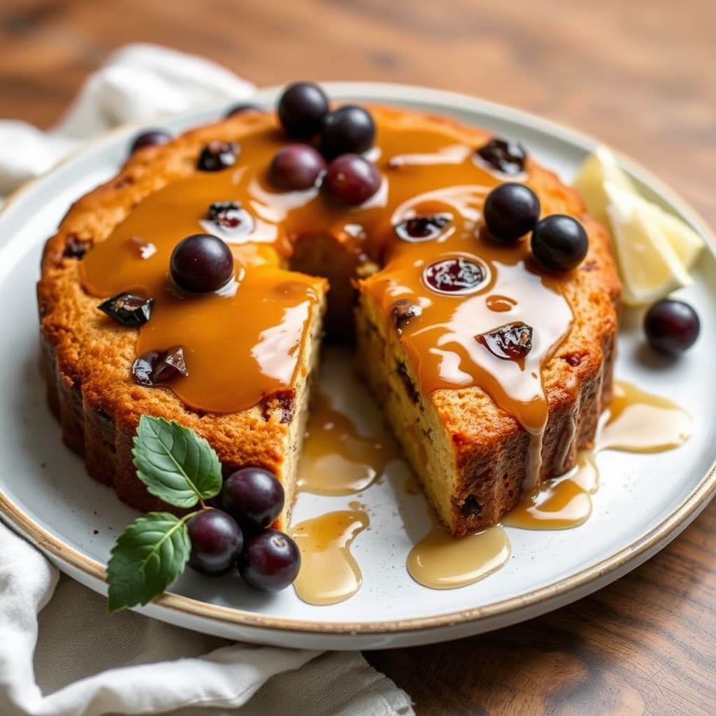 Olivenoljekake med drue og honning-ingefærglasur