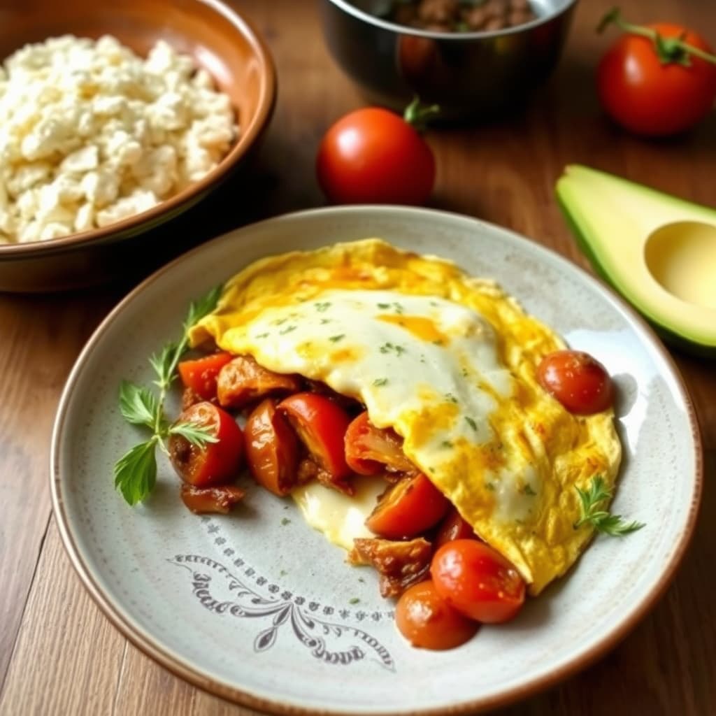 Omelett med ost, ovnsbakte tomater og løk