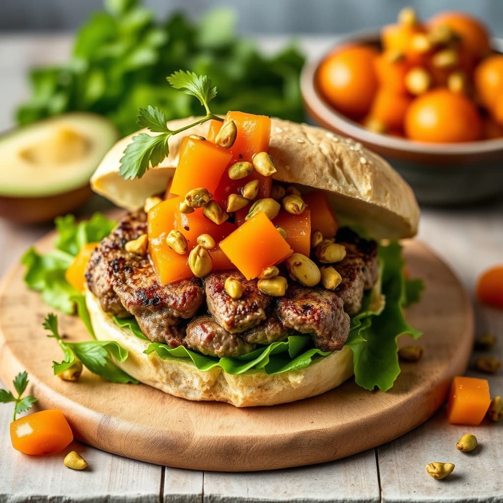 Open-Face Lammeburgere med pistasj- og aprikosrelish