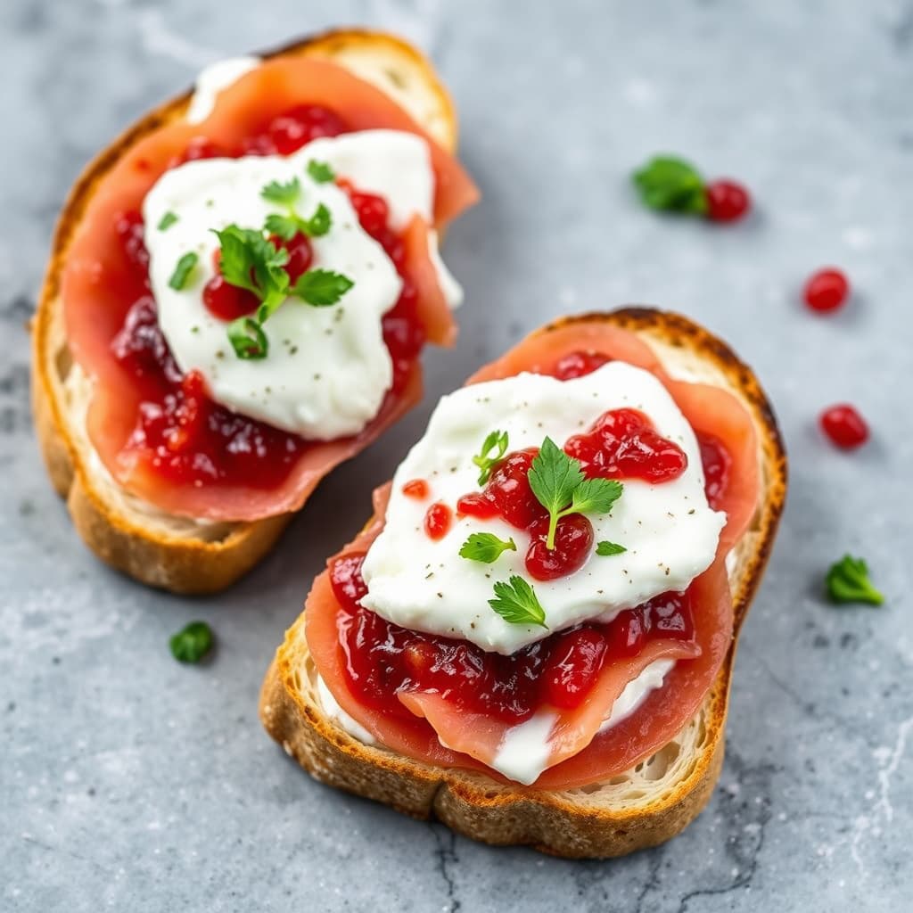 Open-Face prosciuttosandwicher med fersk ricotta og rød løkmarmelade