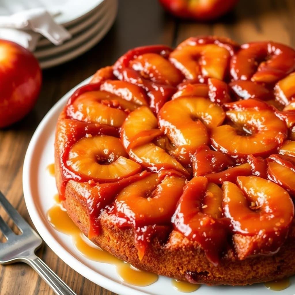 Opp-ned karamellisert eplekake