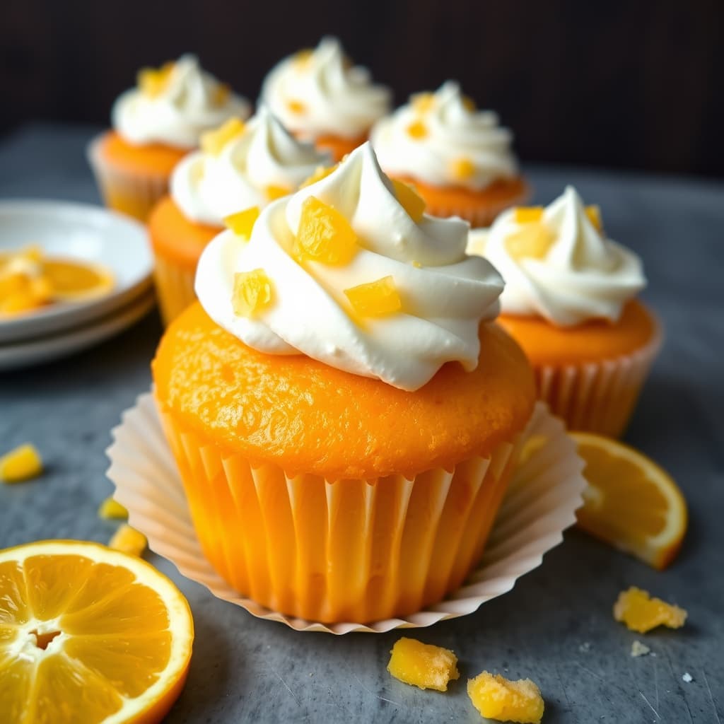 Oransje cupcakes med knust ananas og pisket kremtopper