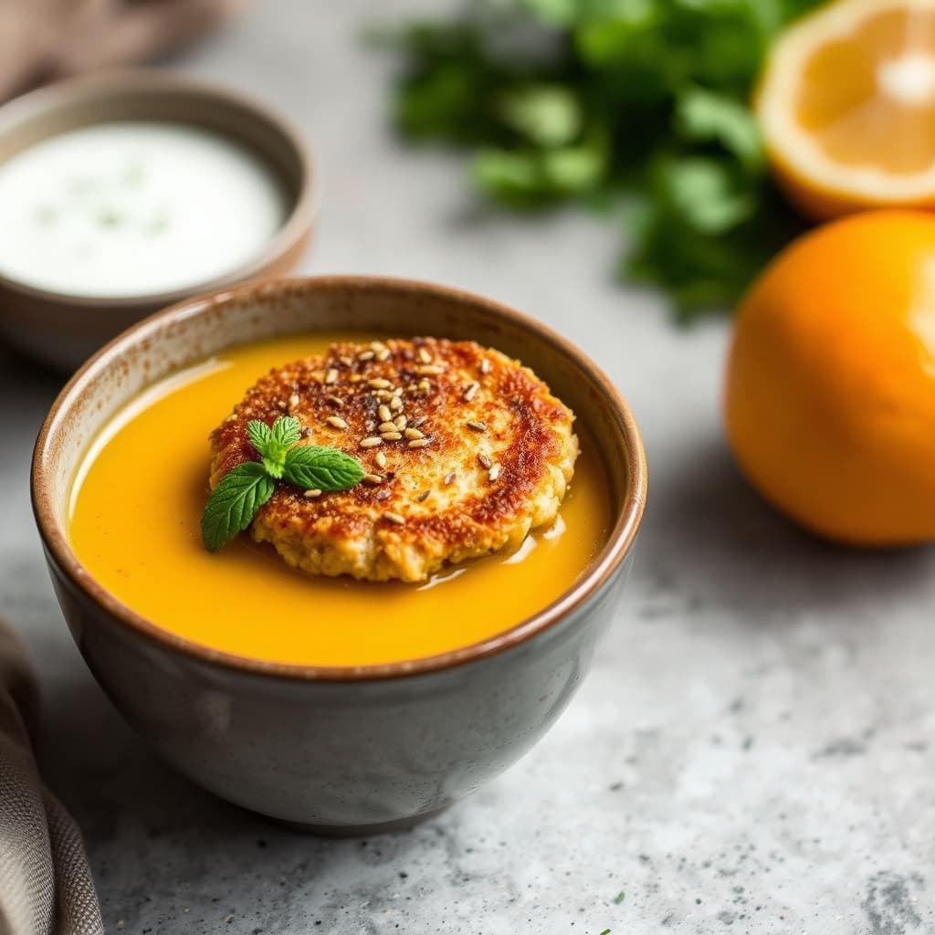 Oransje ingefærsuppe med gresskar og en krabbekake dekket av sesam