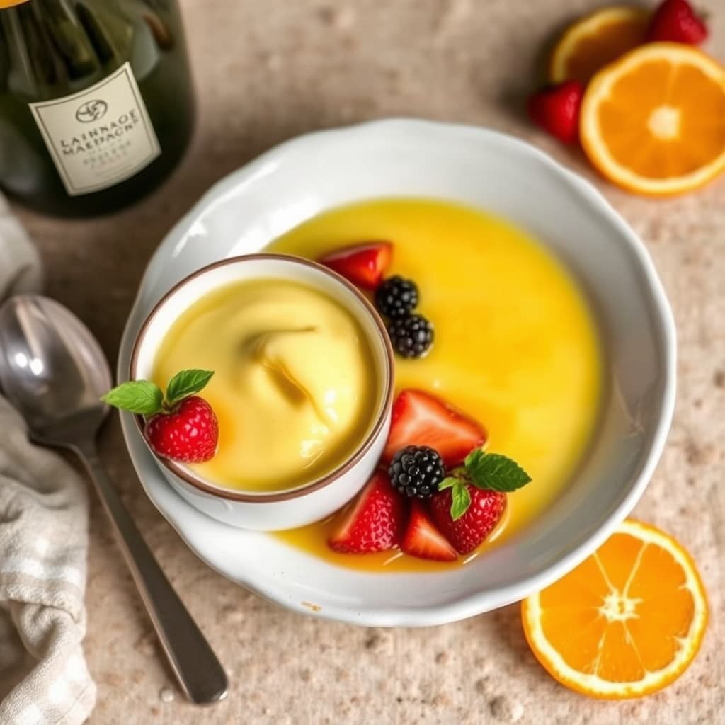 Oransje kremen med fersk frukt og champagne-suppe