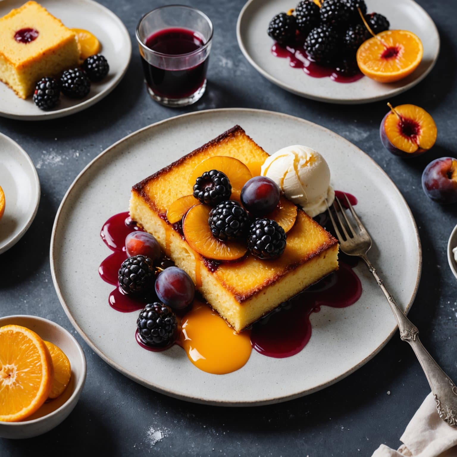 Oransje polentakake med vaniljeduftende plommer og bjørnebær, servert med kulturmelk-is