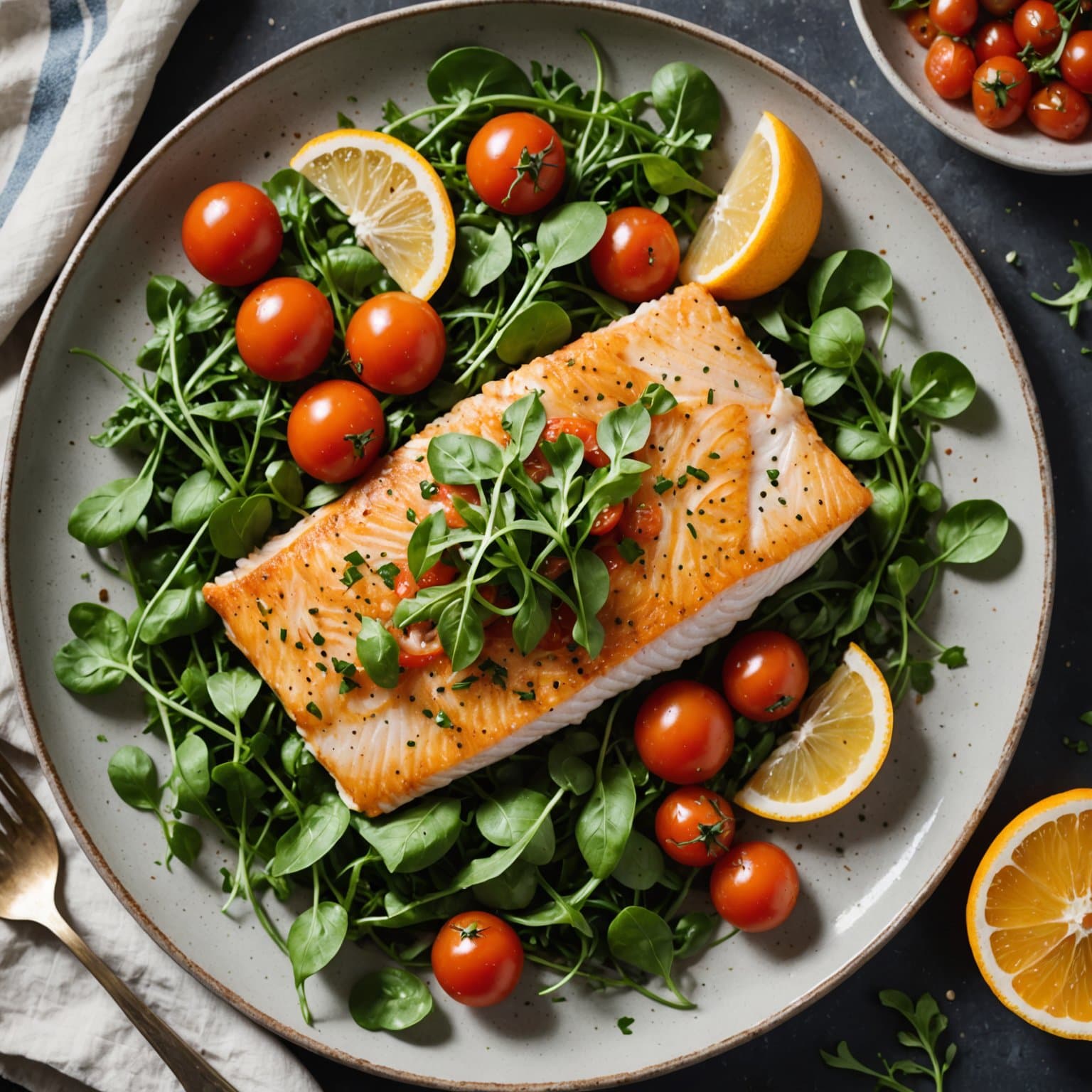 Oransje roughy med ruccola, hvitløk og tomater