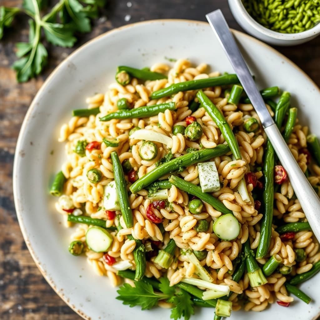Orzo-, grønnbønne- og fennikelsalat med dillpesto
