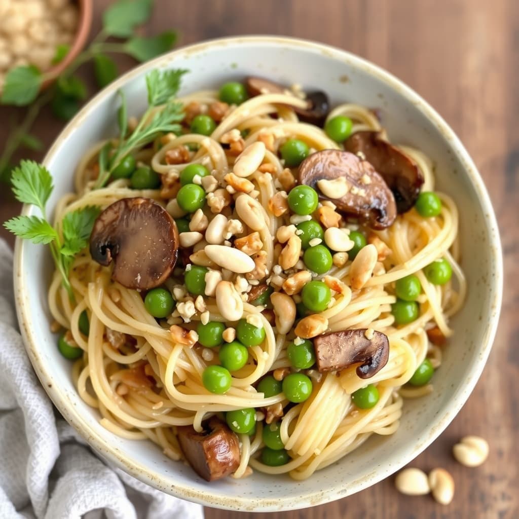 Orzo med sopp, snøerter og pinjekjerner