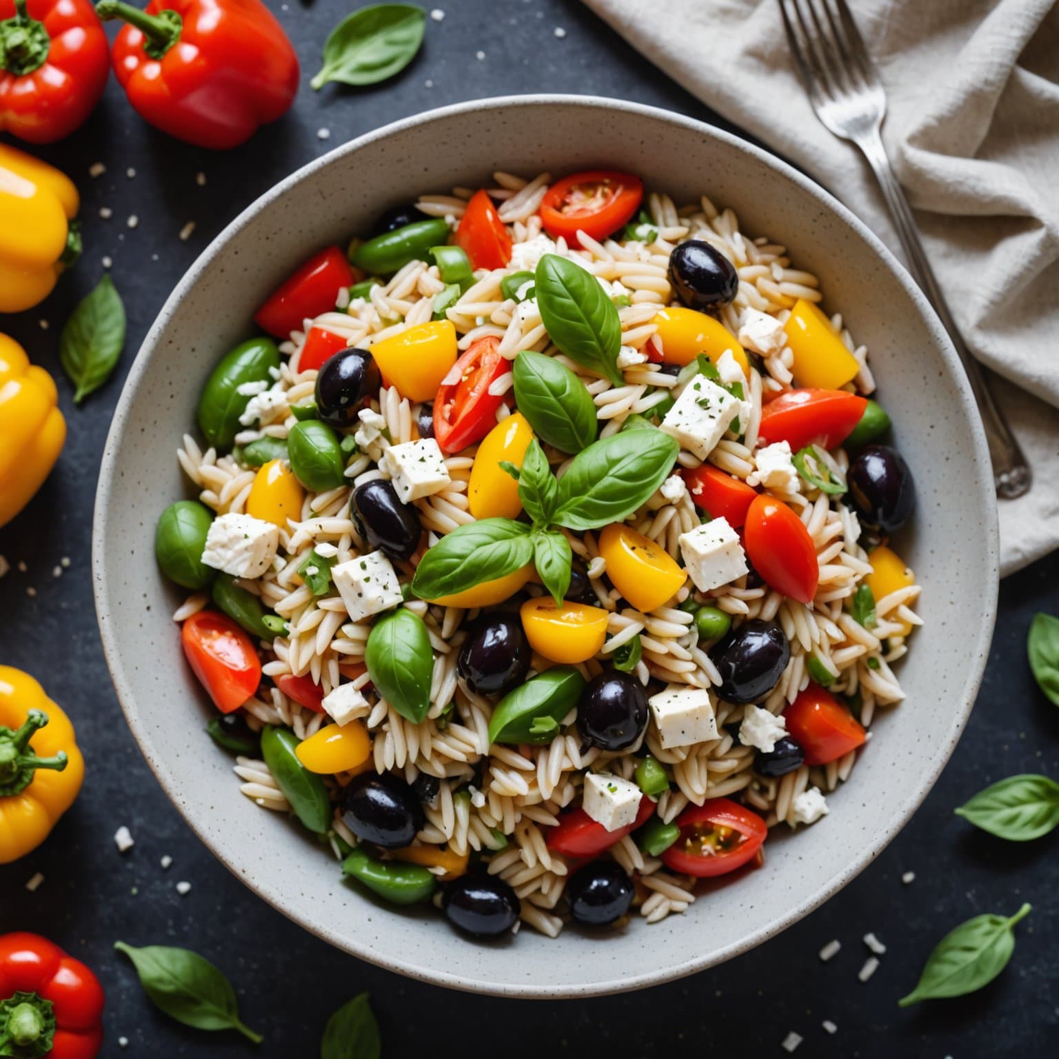 Orzosalat med fetaost, oliven og paprika
