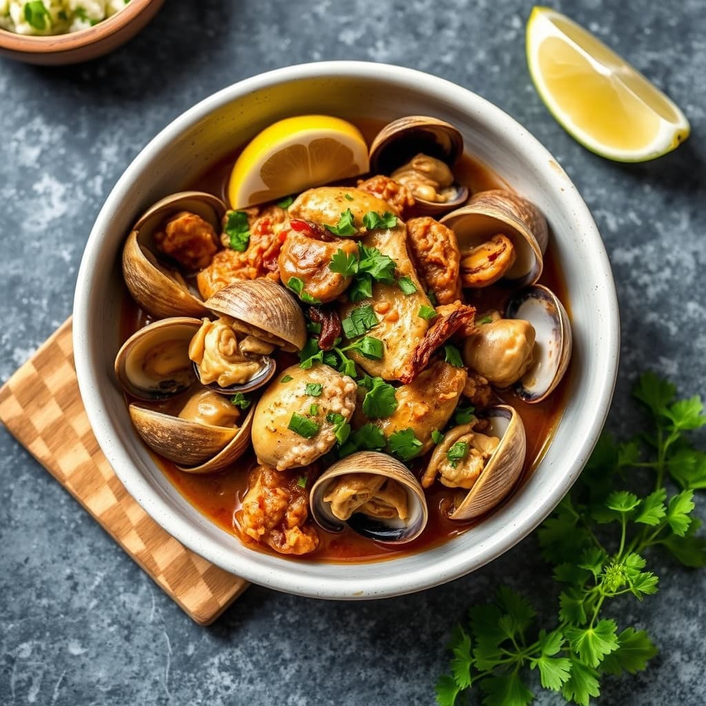 Øst møter Portugal 'Alentejana' -- Svinekjøtt og blåskjell Øst møter vest-stil