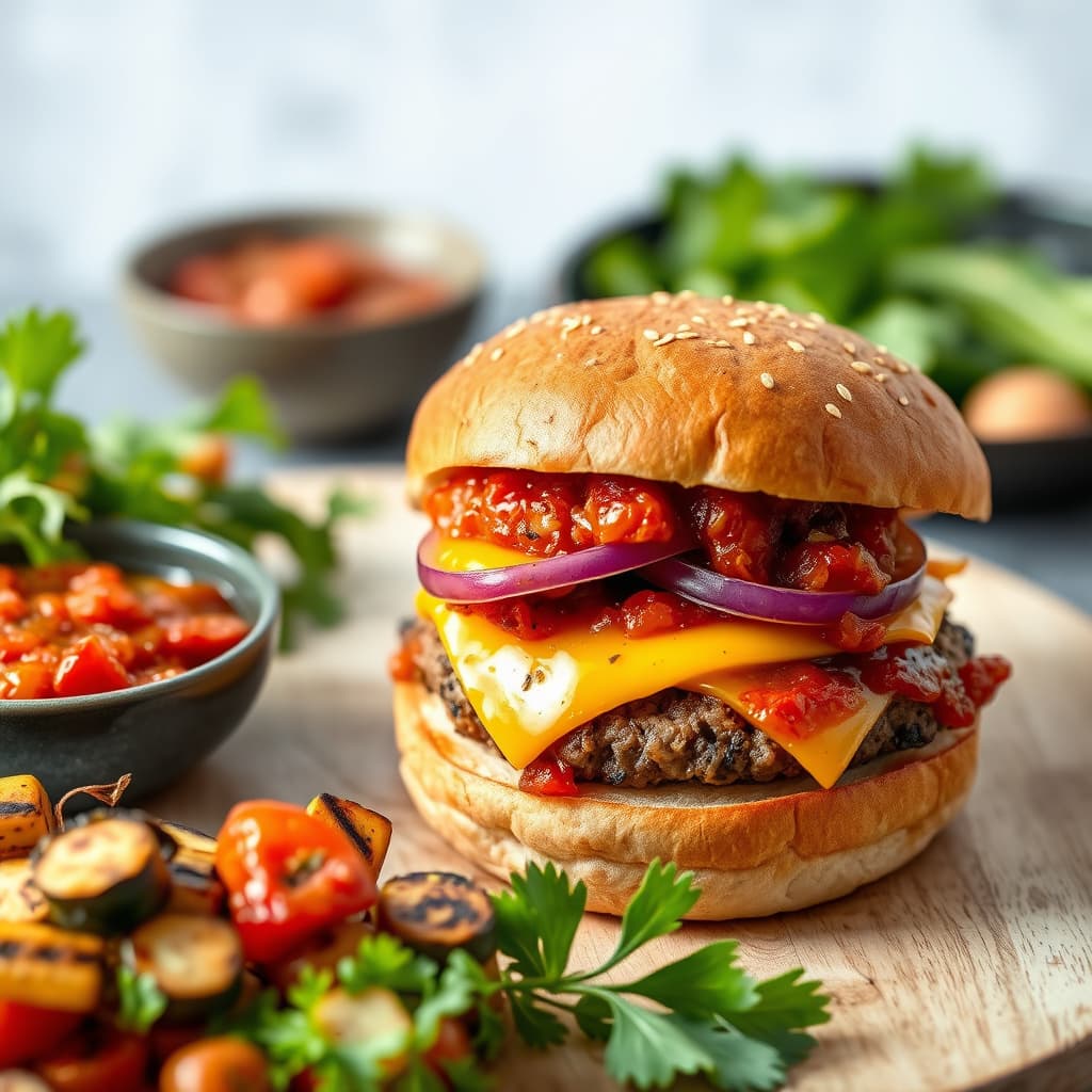 Ost- og løkfylt burger med grillet tomatchutney og marinerte grønnsaker