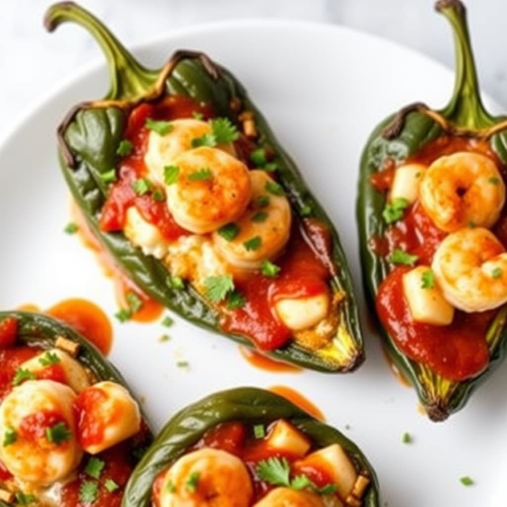 Ost- og rekefylte ovnsbakte poblano-pepper med rød paprika-saus