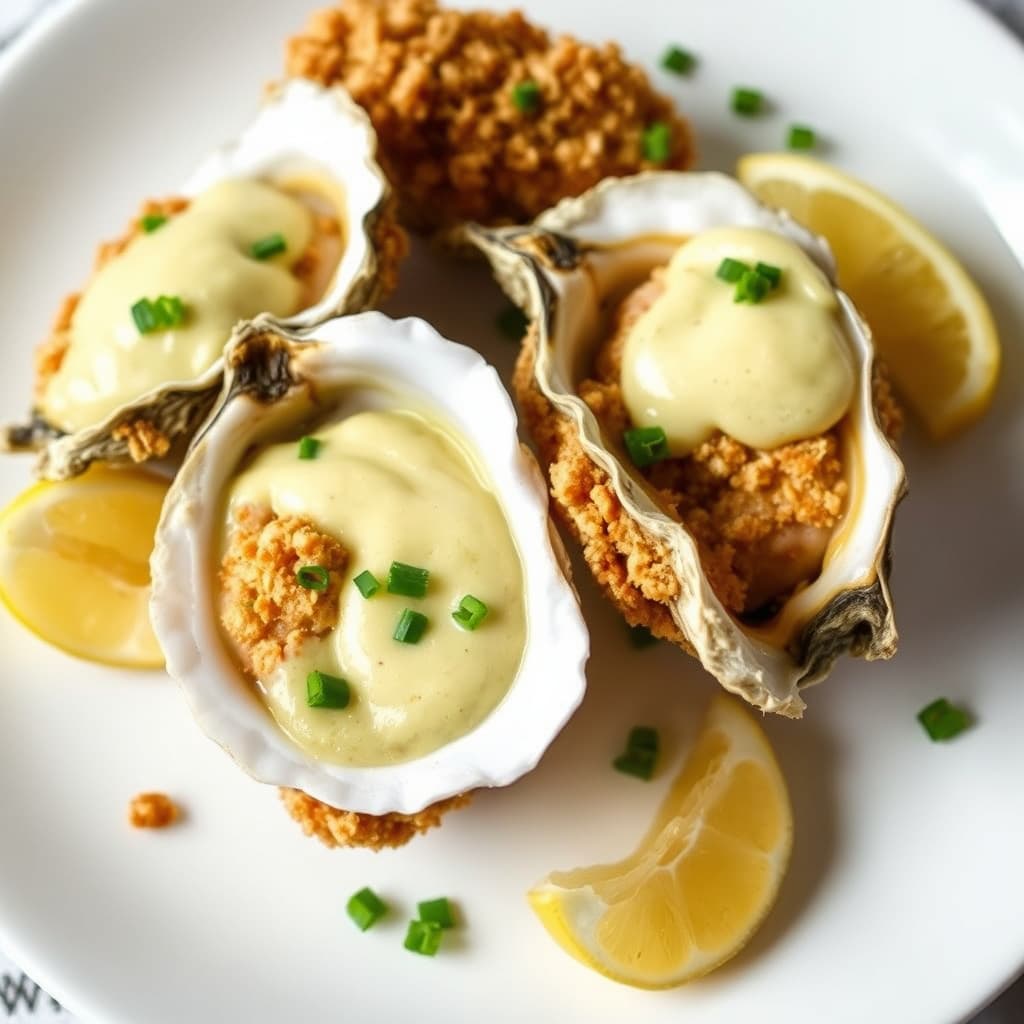 Østers med maisgrynskrust og søt sylteagurtemajones