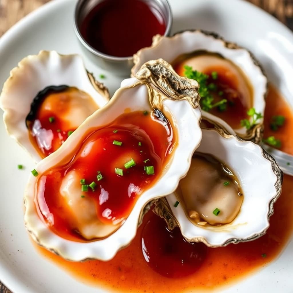 Østers på halvt skall med rødvinseddiksaus
