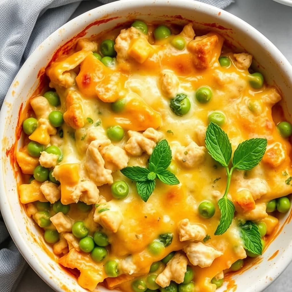 Osteswirlet tunfiskgrateng med erter og mynte