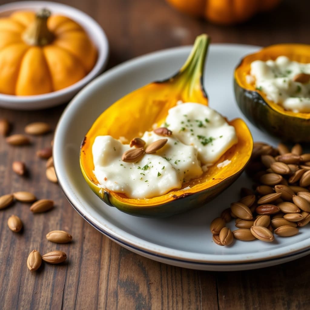 ostfylte squashblomster med skivet baby-squash og ristet gresskarkjerner
