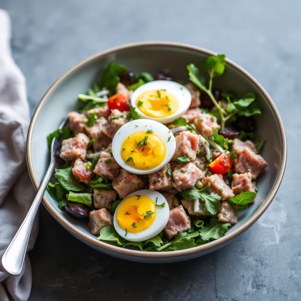 Østlig stil tunfisk nicoise-salat med te-marmorerte egg og wasabi-vinaigrette