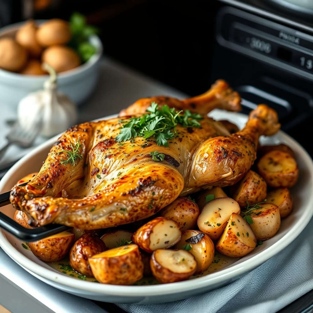 Ovenrister med ferske urter og hvitløk, servert med ovnsbakte poteter