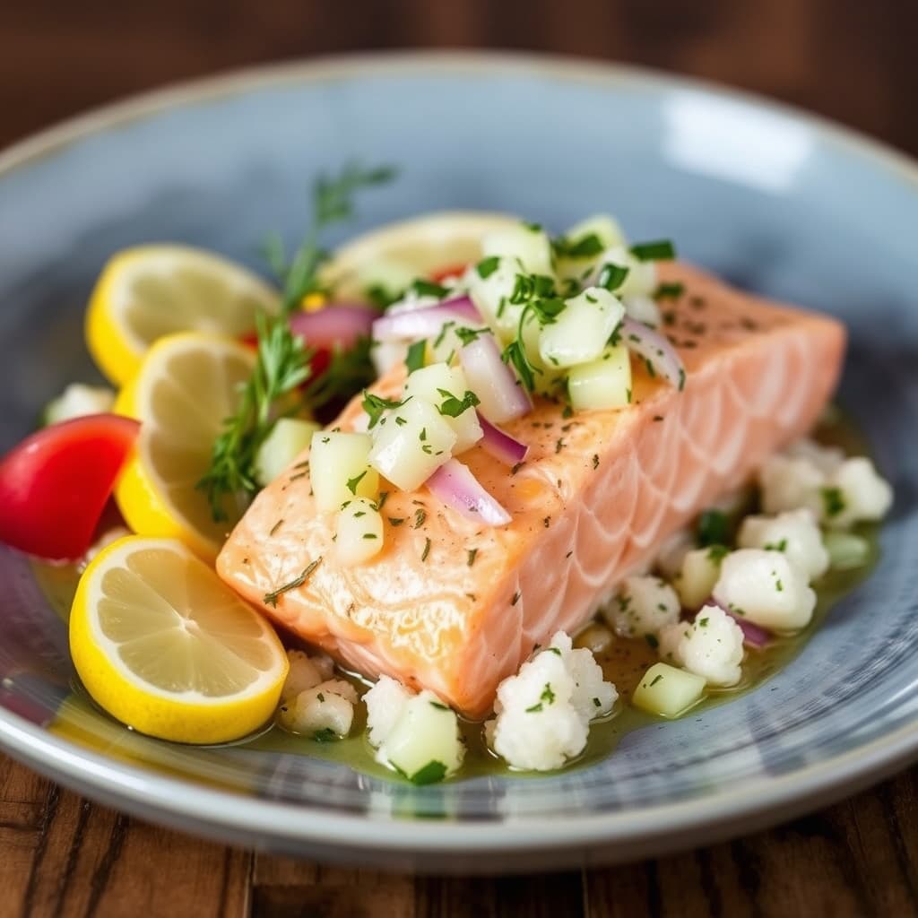 Ovnsbakt laks Poached Salmon a la Paige med dill, Vidalia-løk og agurkrelish