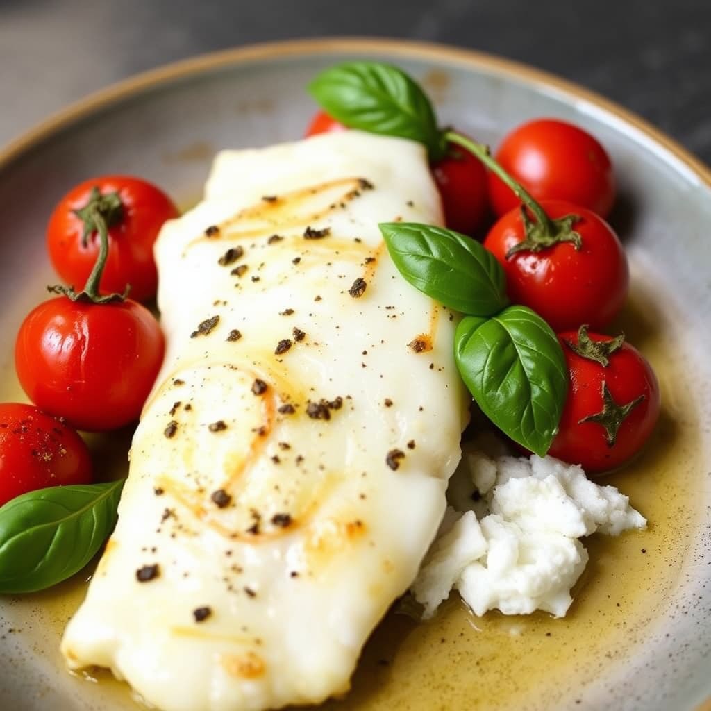 Ovnsbakte cherrytomater med basilikum og hvitfisk