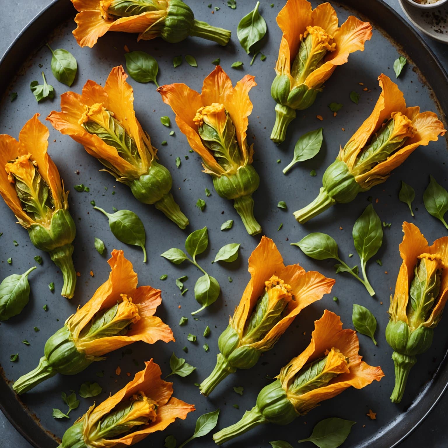 Ovnsbakte fylt squashblomster