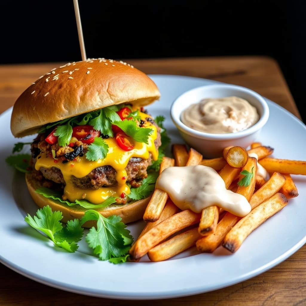 Paella-burgere og spanske pommes frites med pimiento-majones
