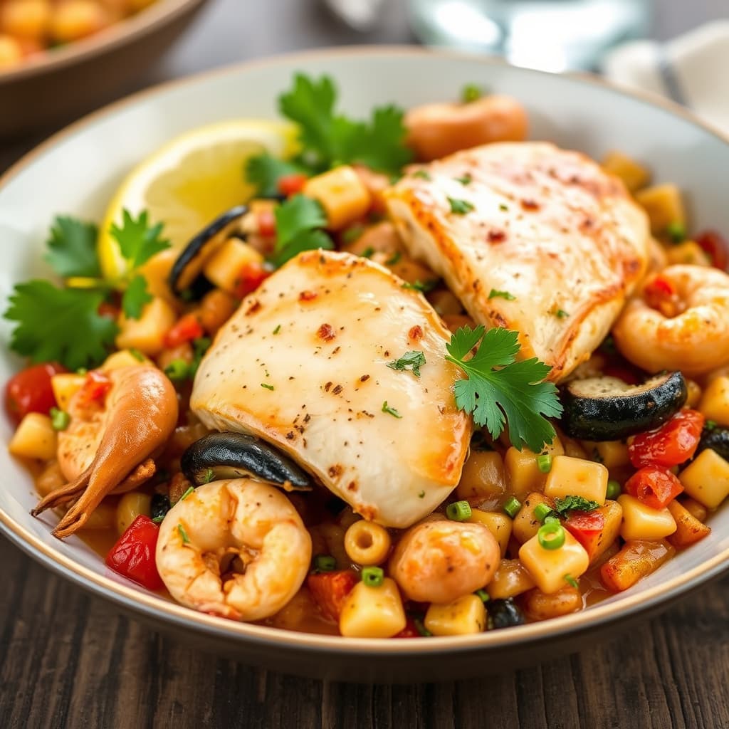 Paellastil med sjømat og kylling som topping