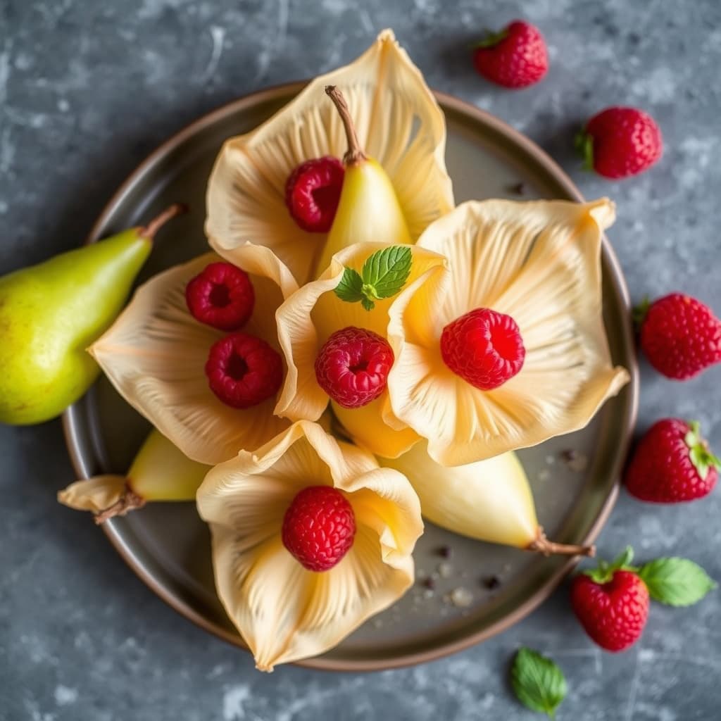 Pære- og bringebærløvblomster i filodeig