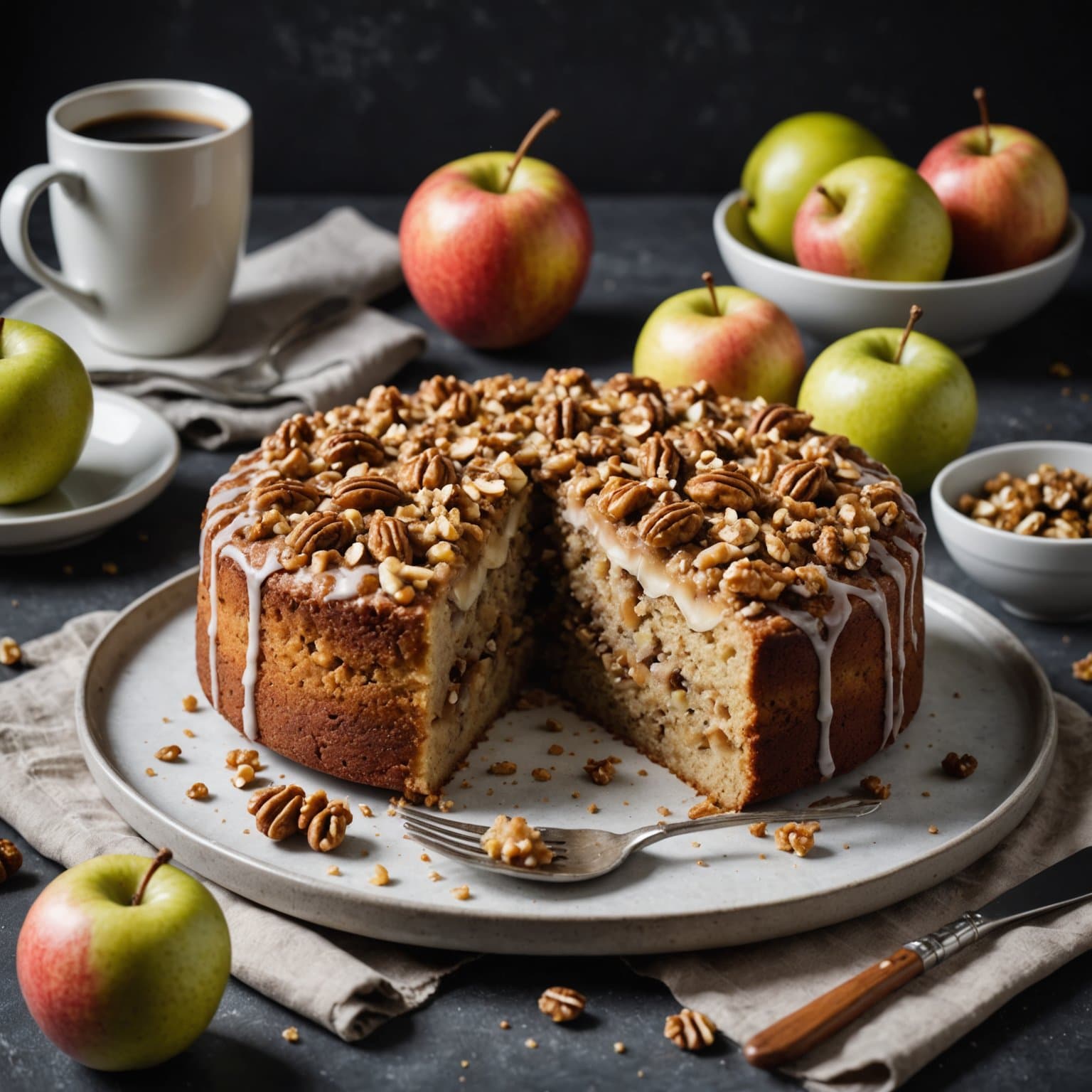 Pære- og eplekake med kaffekrem og valnøtt-topping