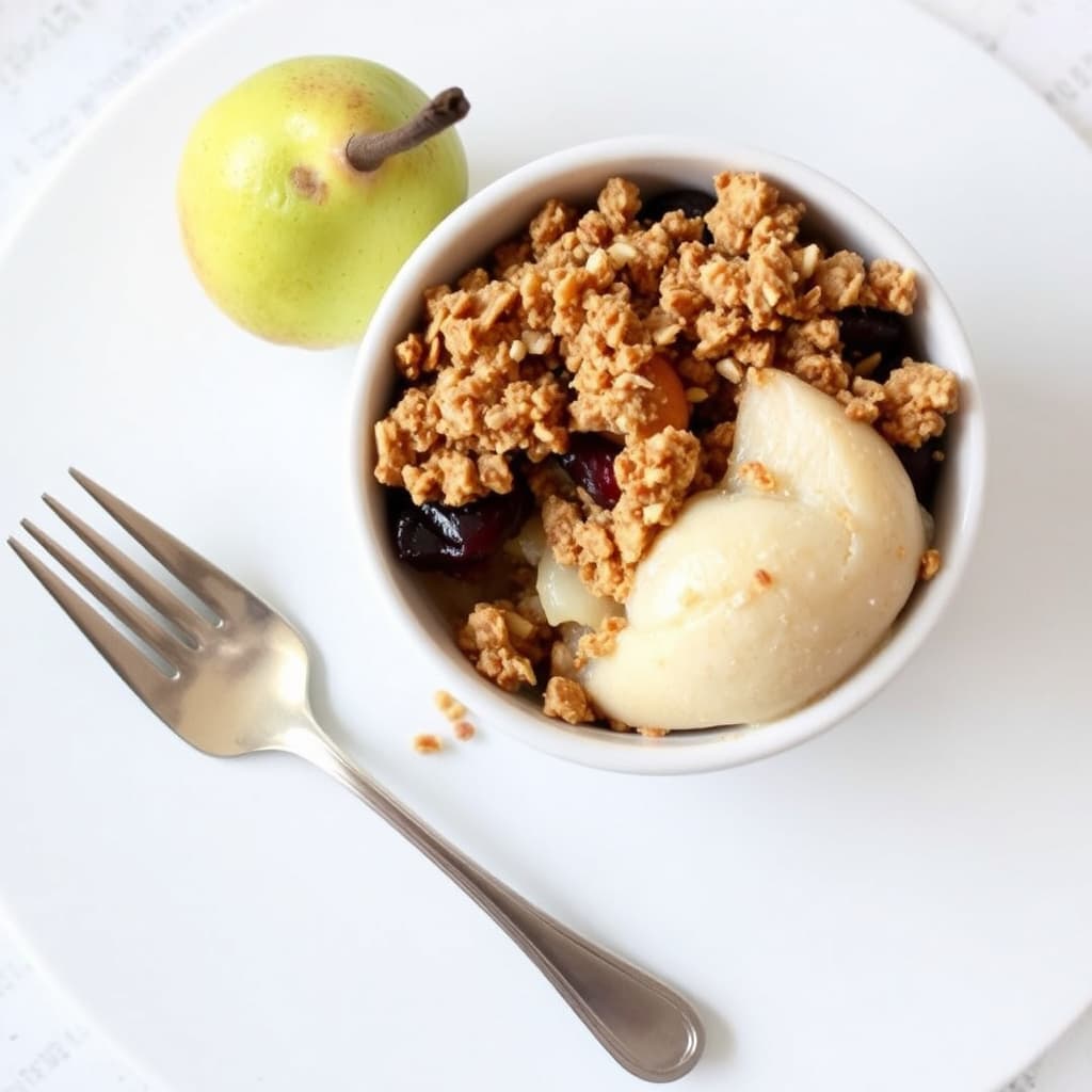 Pære- og tørkebærkrem med nøtte- og valnøttstreusel