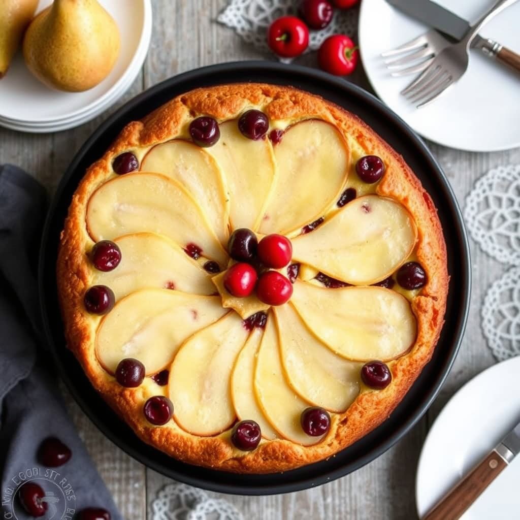 Pære- og tørkede kirsebærfrangipankake