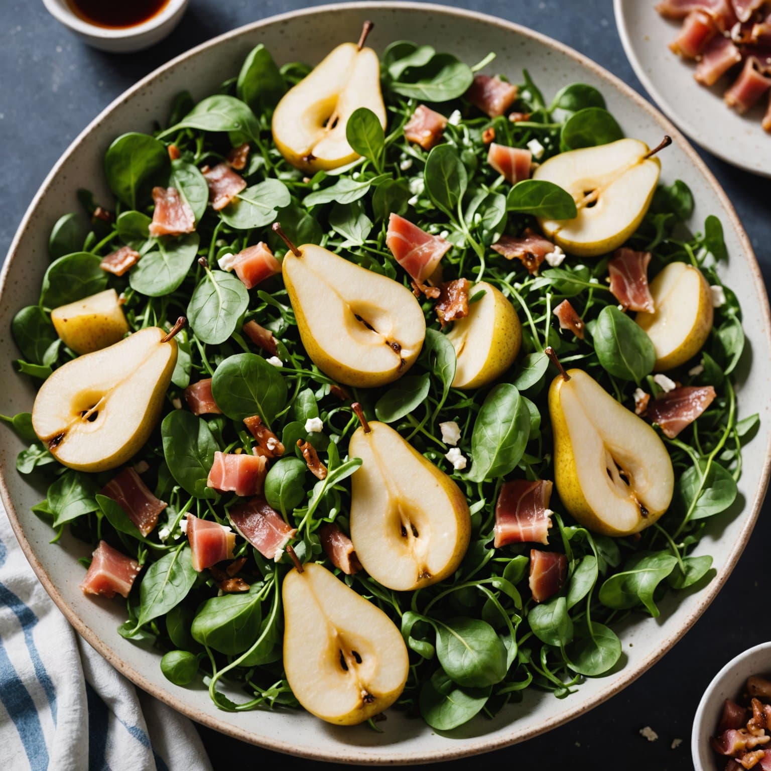 Pære-, ruccola- og pancettasalat