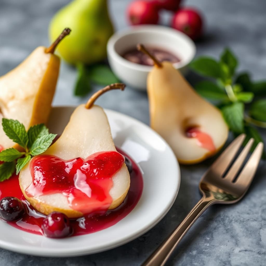 Pærefrukt kokt i tequila med prikklete pæres- og bringebærsauce