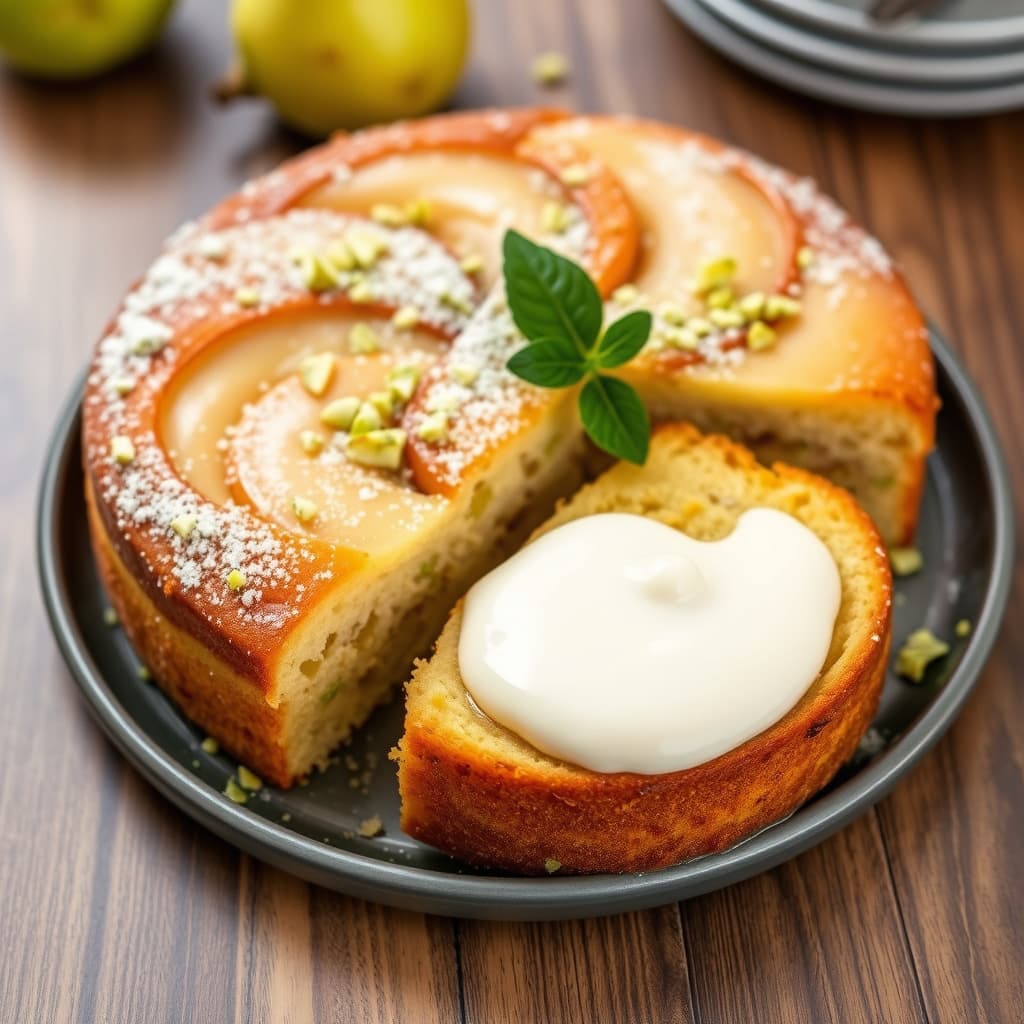 Pærekake med pistasjnøtter, Belle de Brillet og vaniljekrem