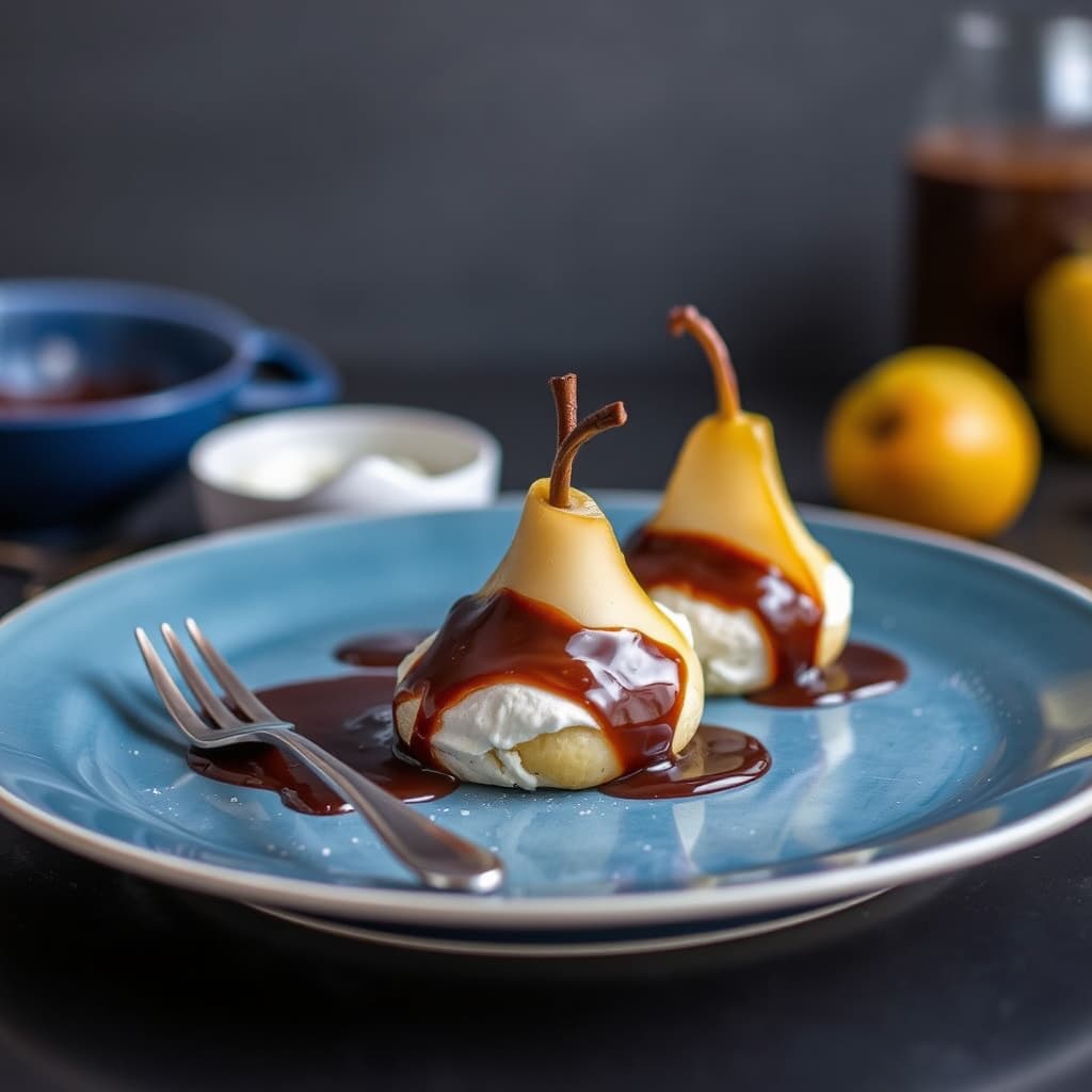Pærer i marengs med sjokoladesaus