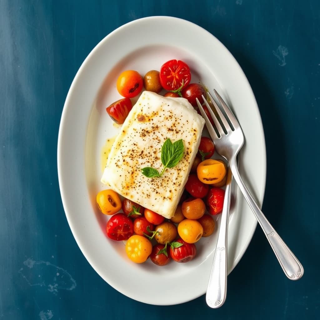 Panert halibut med ovnsbakte, gamle tomater