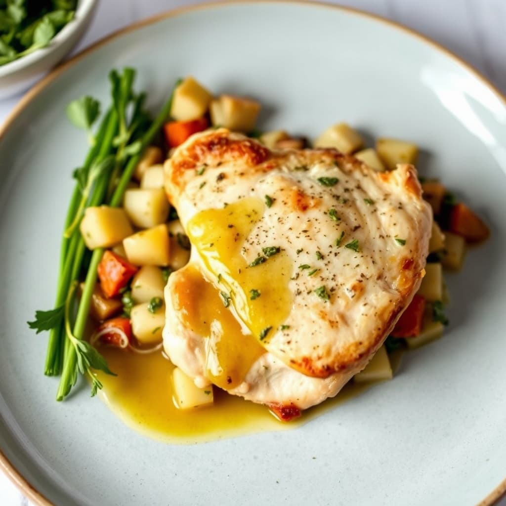 Panert kyllingbryst med urtesaus og potet- og grønnsaksrøre