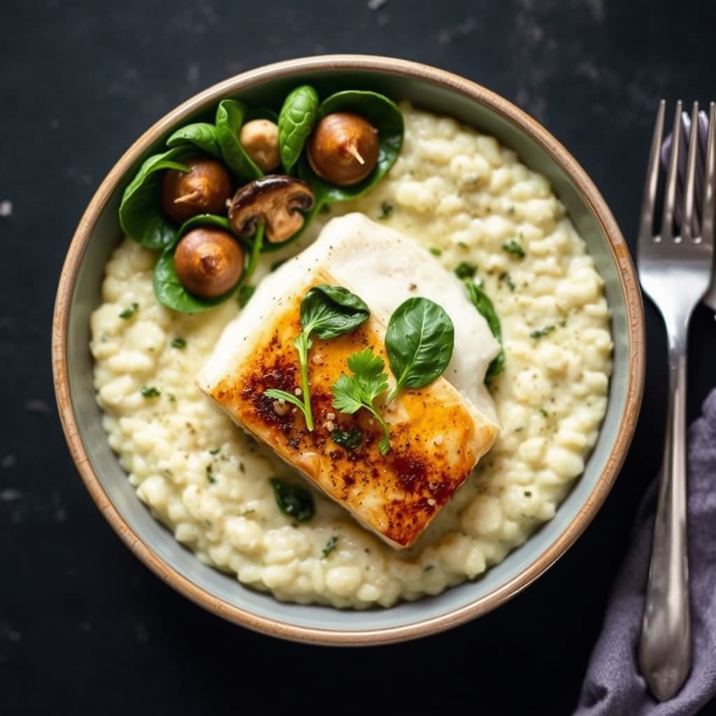 Panestekt chilensk havabbor med vill soppgrøt og fersk spinat