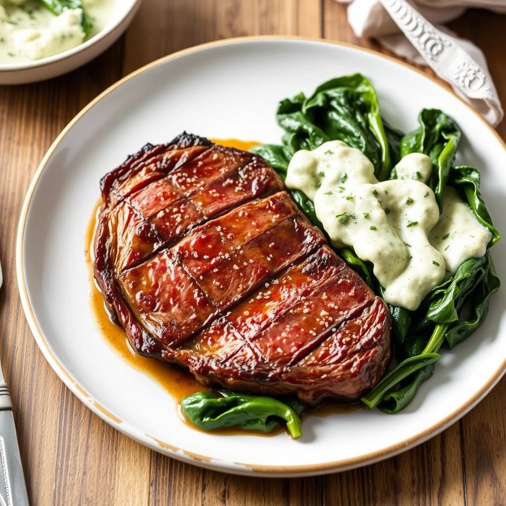 Panestekt cowboy ribeye med kremet sveitserkål