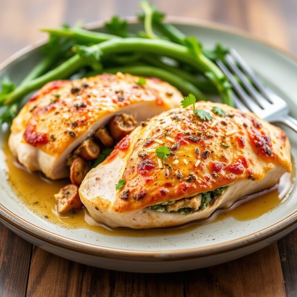 Panestekt kyllingbryst fylt med kantarell og Gorgonzola