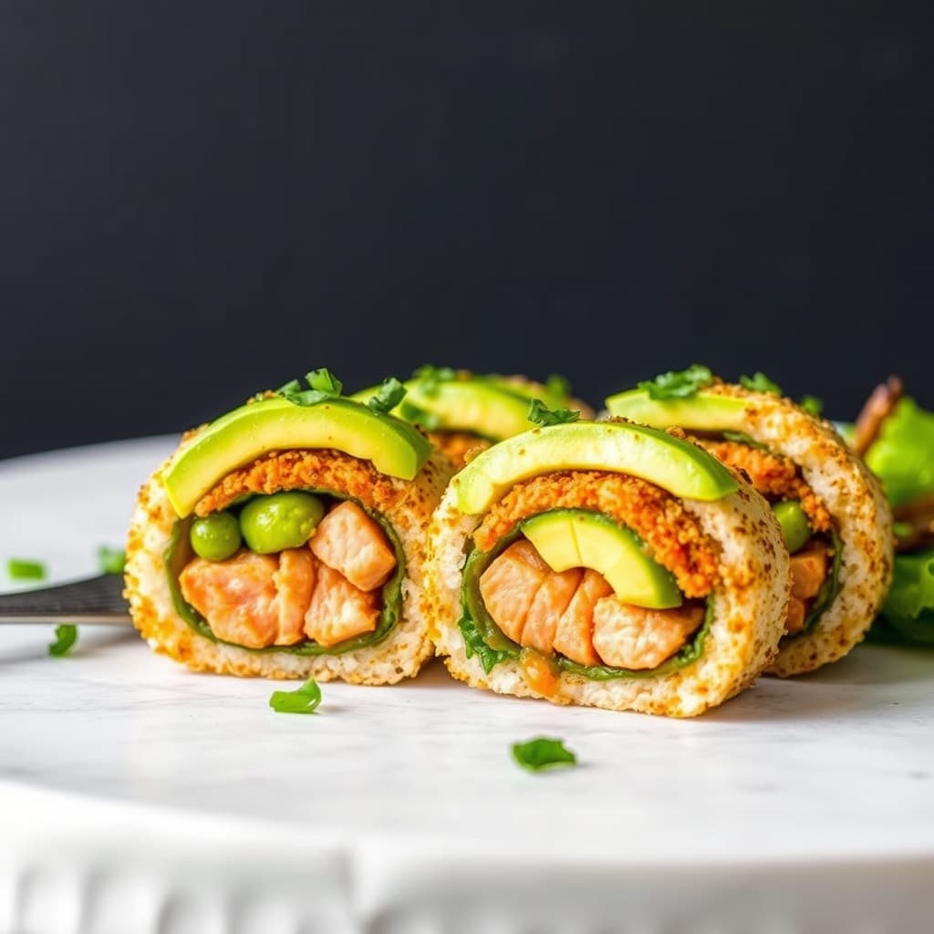 Panko-innbakt lakserull med avokado og grillede maitake-sopper i vinaigrette