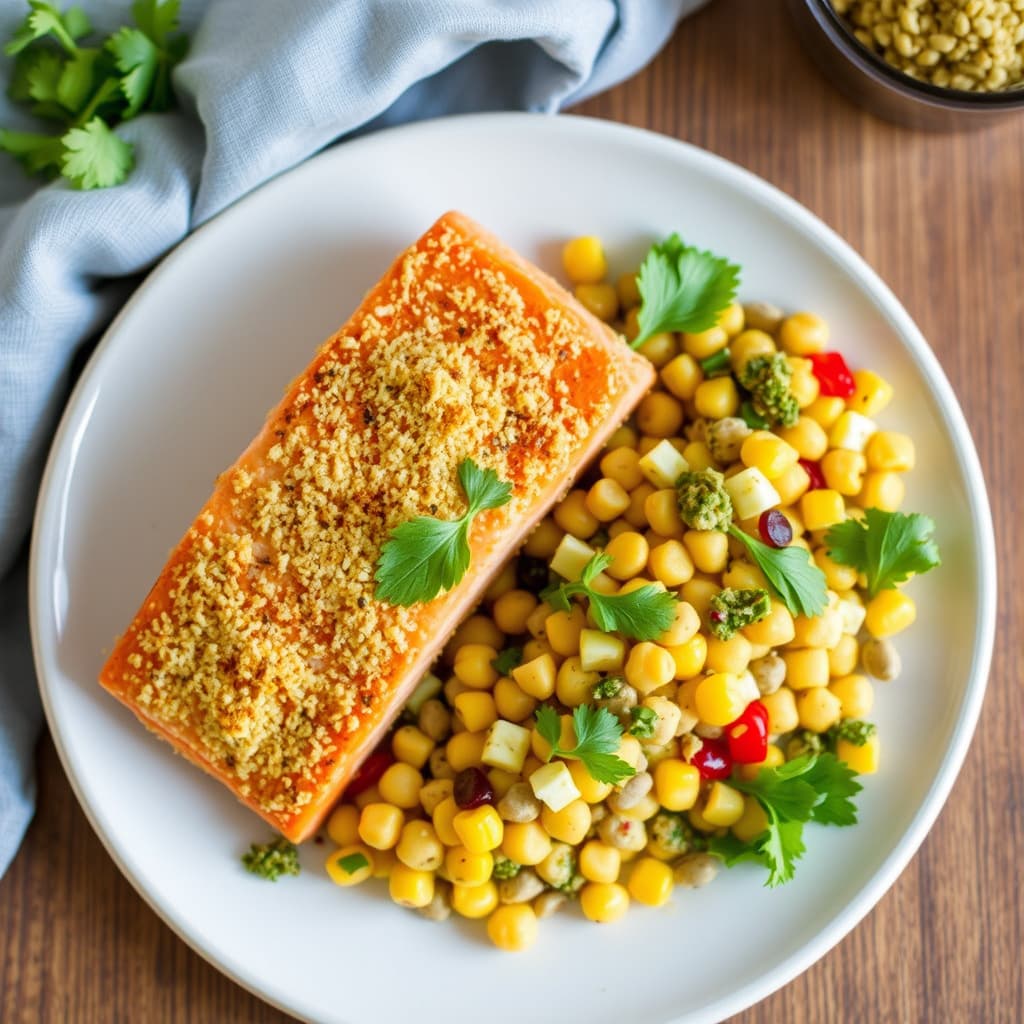 Panko-ristet laks og mais- og kikertersalat