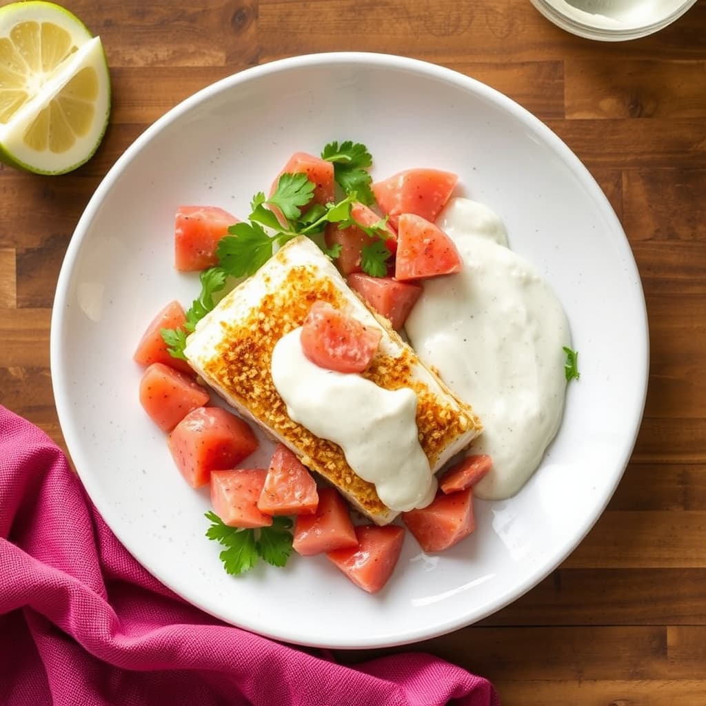 Panko-ristet vill stripet torsk med kokos- og guavasaus