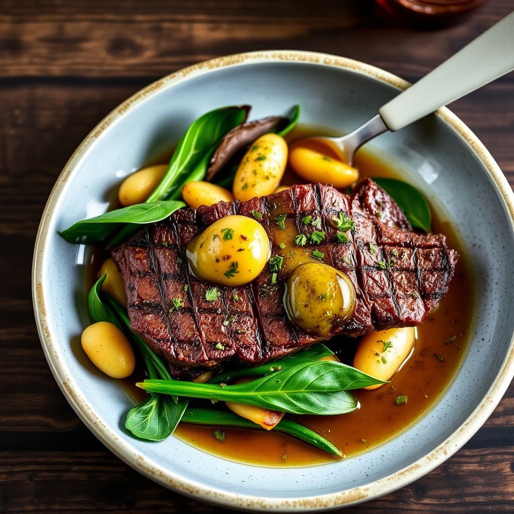 Pannebakt indrefilet av okse med småpoteter og rampeløv, servert med syltesaus