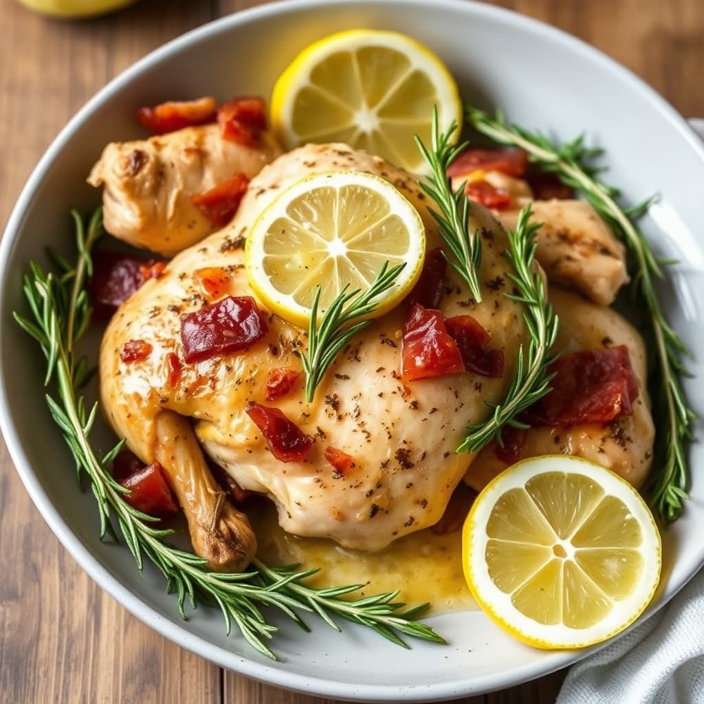 Pannebrent kylling med prosciutto, rosmarin og sitron