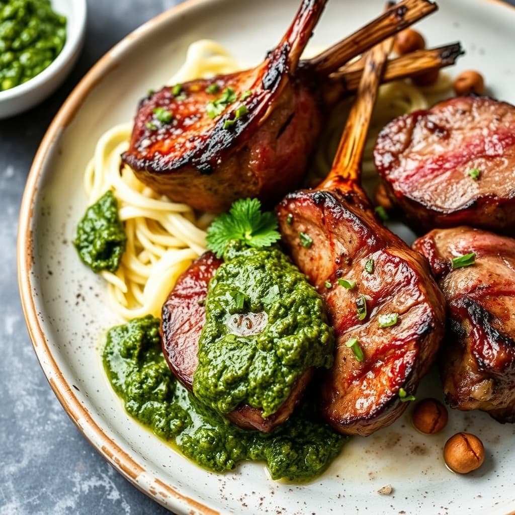 Pannegrillet lam med valnøtt- og myntesaus